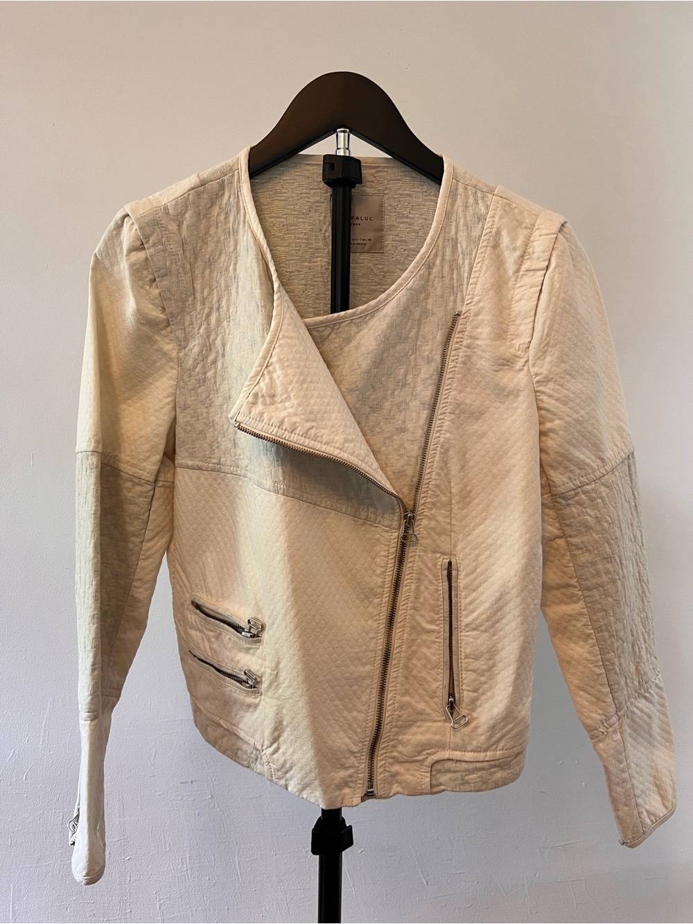 Zara Trafaluc Ivory Textured Moto Jacket Silver Zip Size L